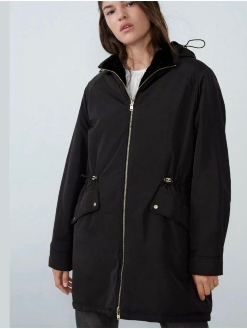 Like New Zara Black Reversible Water Resistant
Faux Fur Parka Coat Hooded